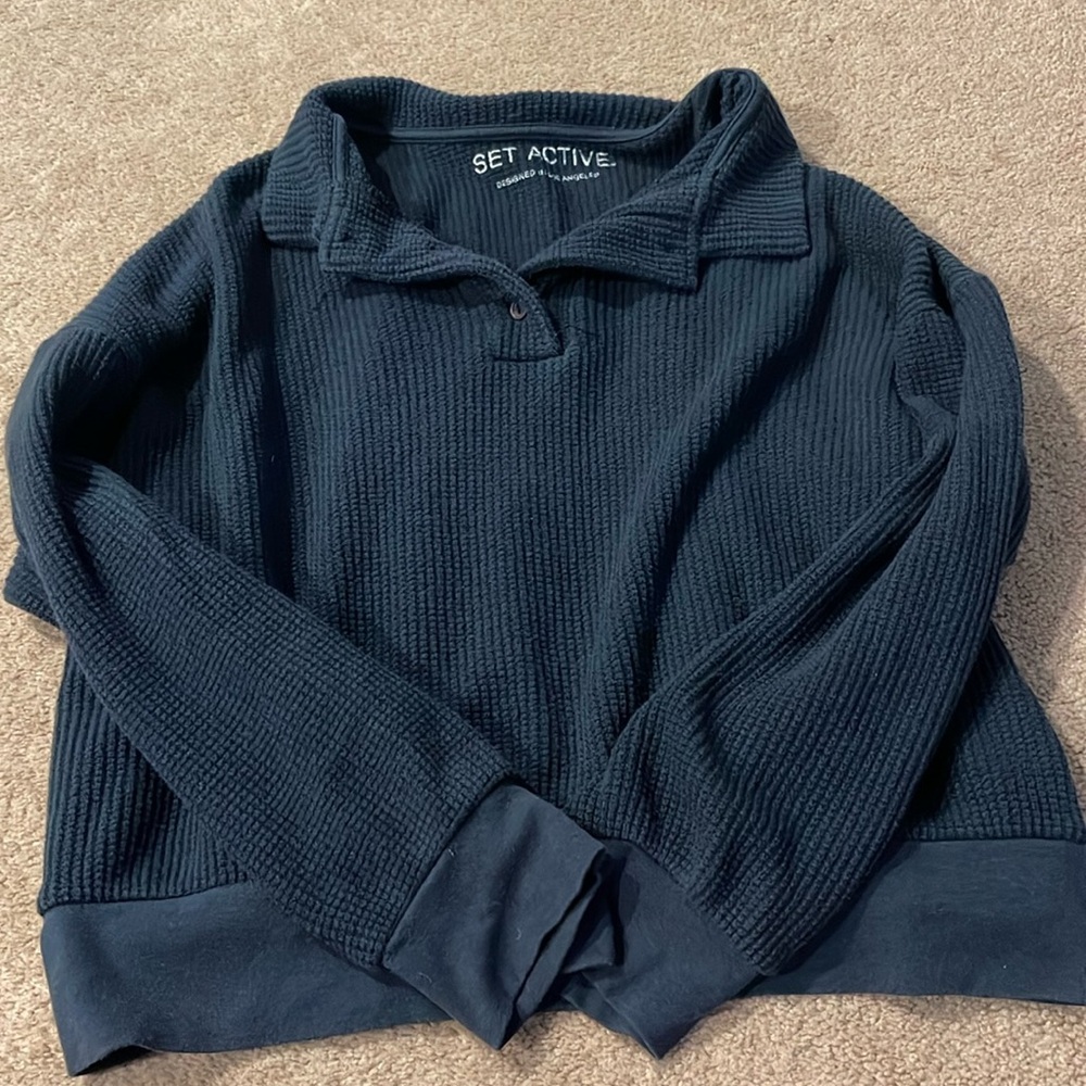 SET ACTIVE Waffle Knit Henley Slouchy Sweater